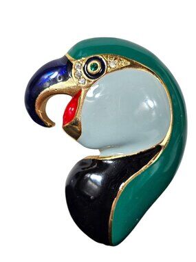Vintage Multi Color Enamel Parrot Bird Brooch Pin Gold Trim Retro Bulky